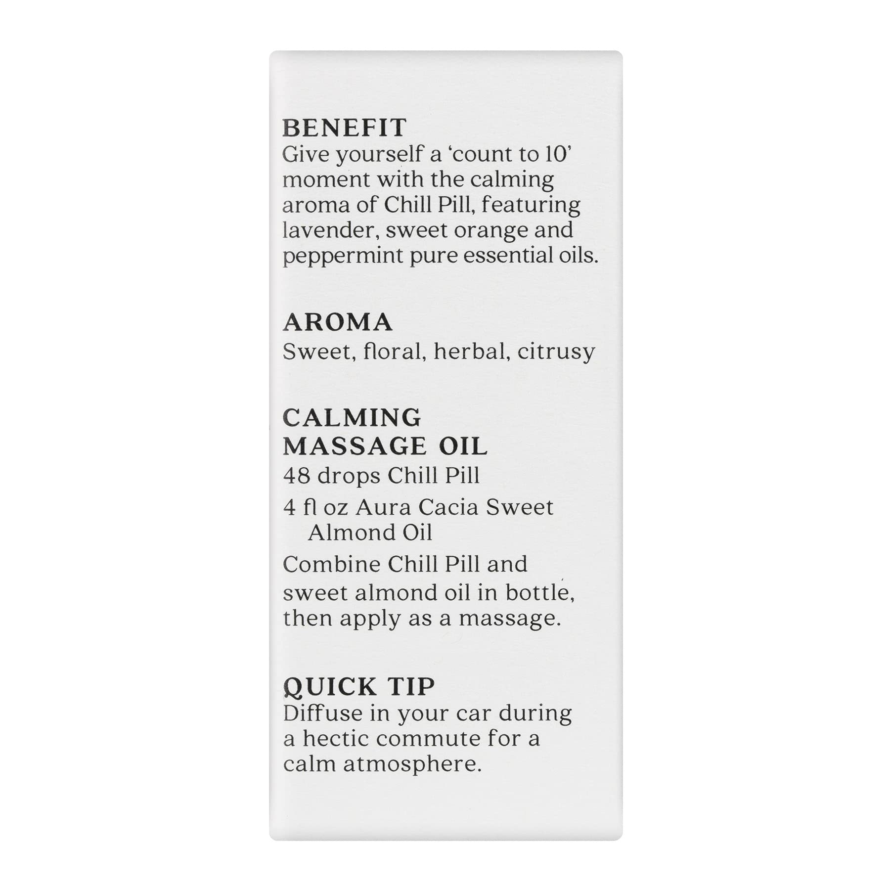 Aura Cacia Chill Pill massage apaisant pour calmer l'esprit et les tensions.