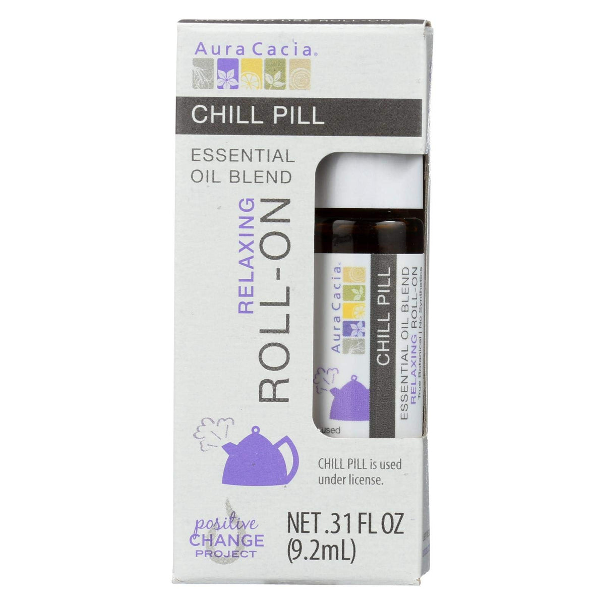 Aura Cacia Chill Pill Roll-On : Bouteille prête à l’emploi pour application ciblée et rapide.