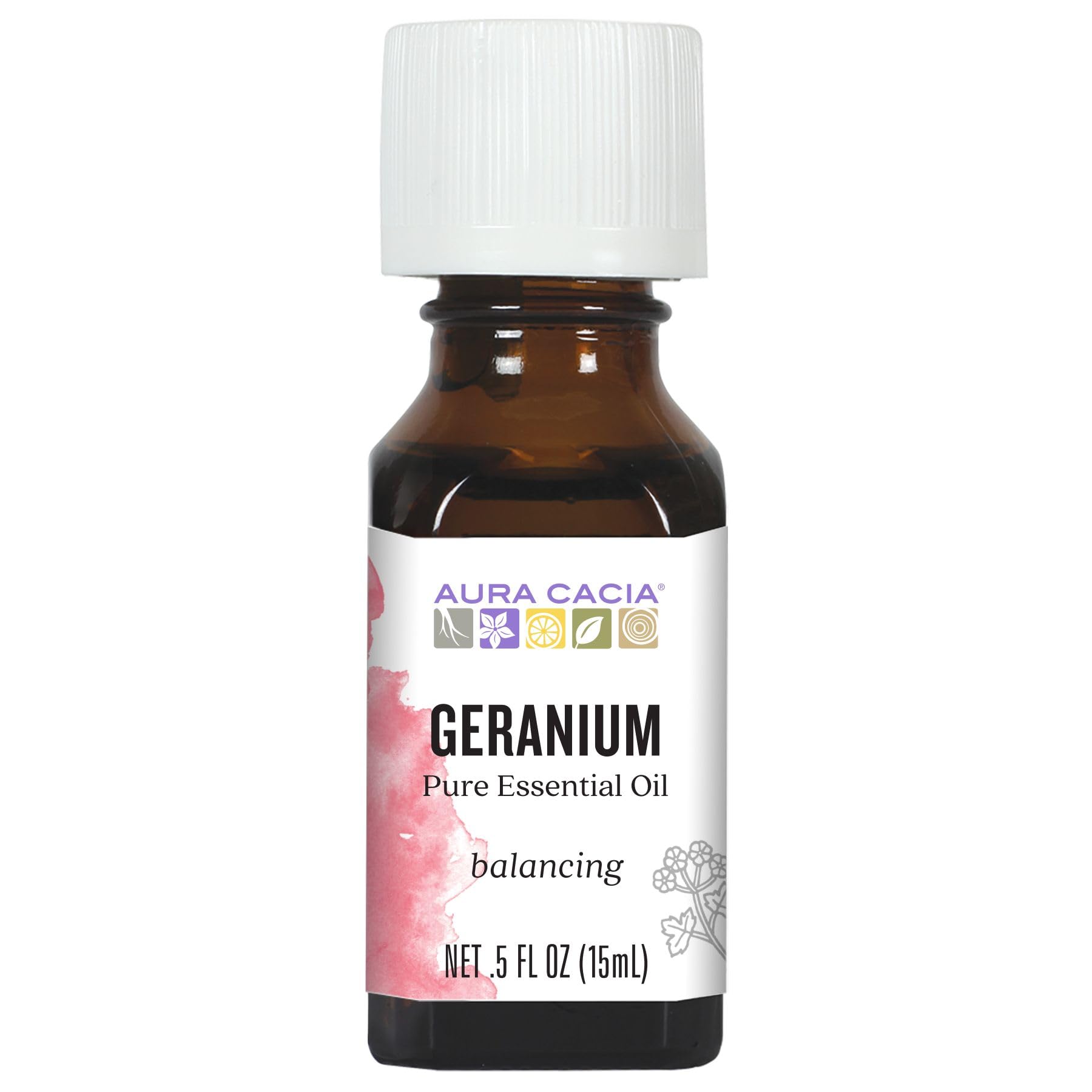 Aura Cacia Géranium: flacon ambré prêt à l'utilisation parfumée.