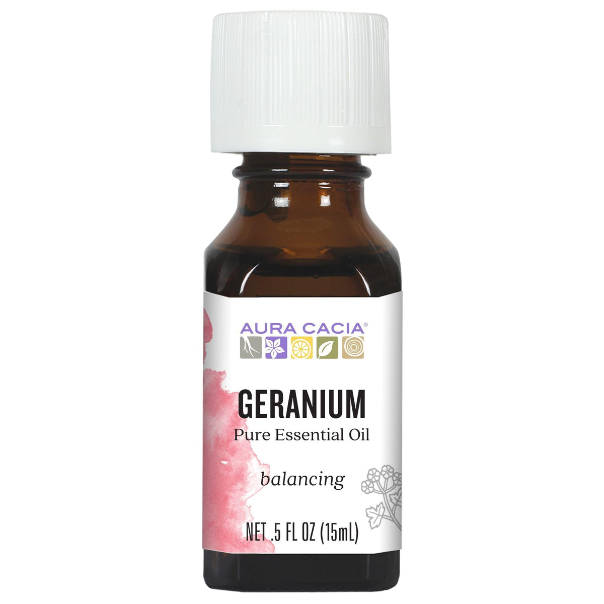 Aura Cacia Géranium: flacon ambré prêt à l'utilisation parfumée.