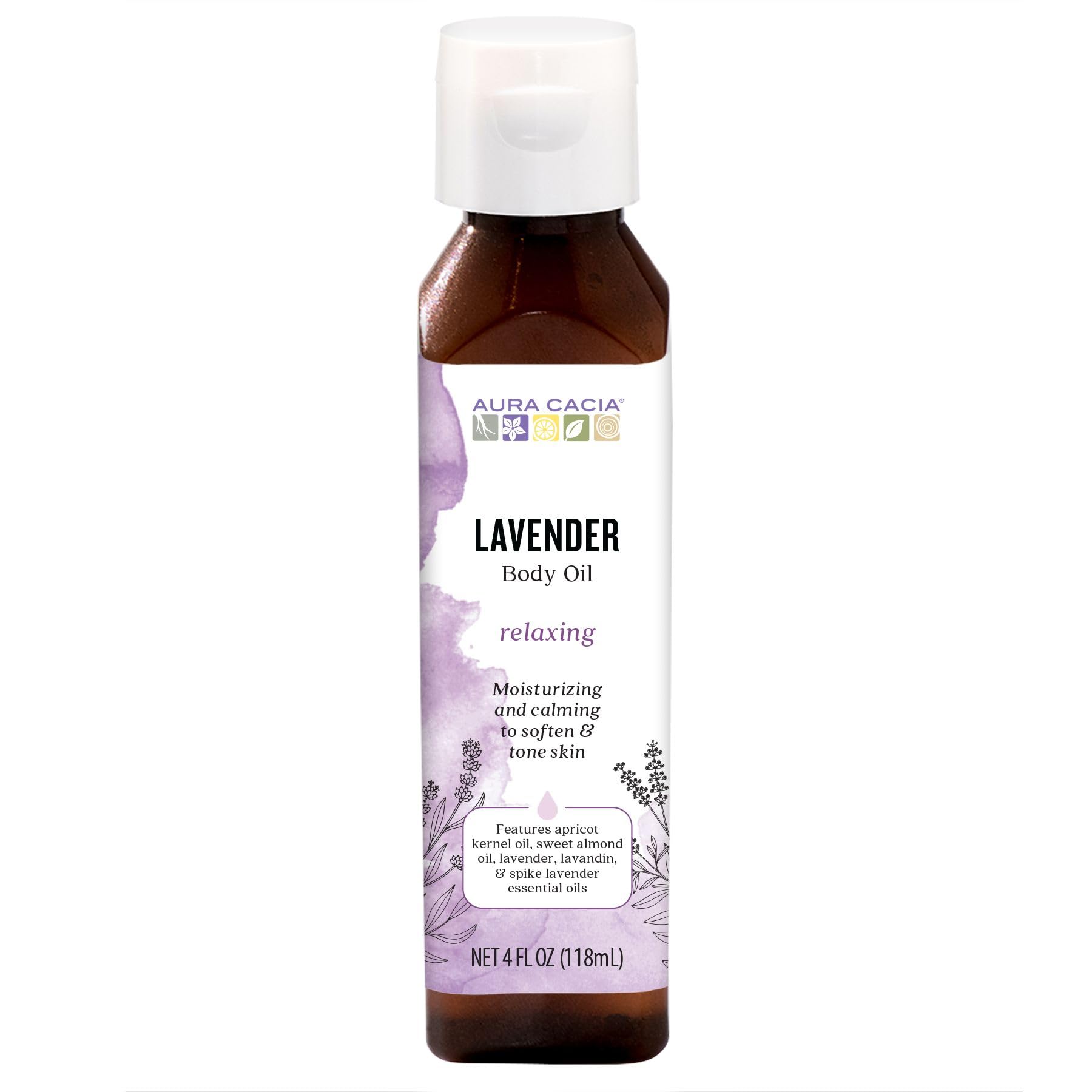 Aura Cacia huile corps lavande en bouteille, relaxation douce et parfum floral