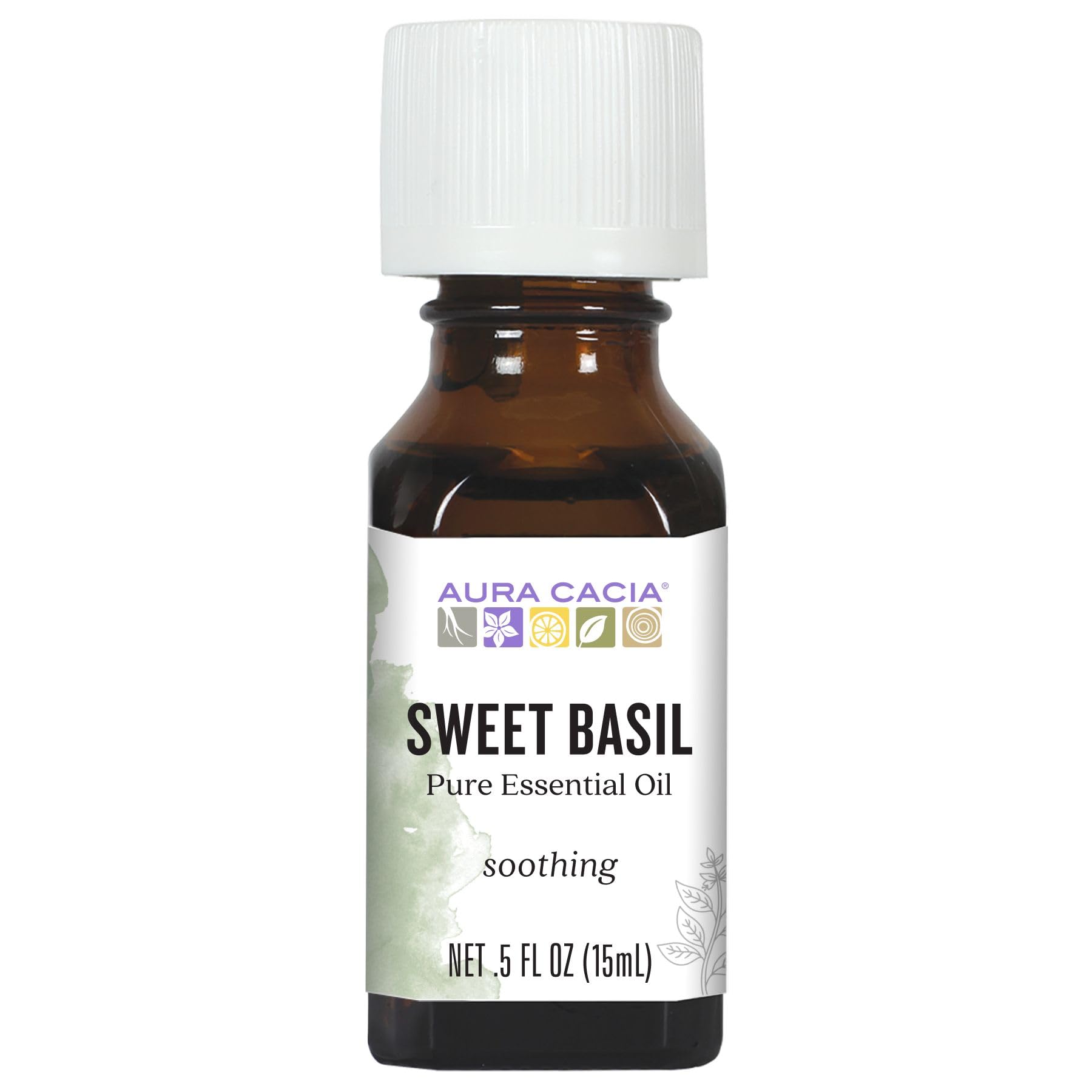 Aura Cacia huile essentielle basilic doux dans flacon, arôme frais pour diffusion.