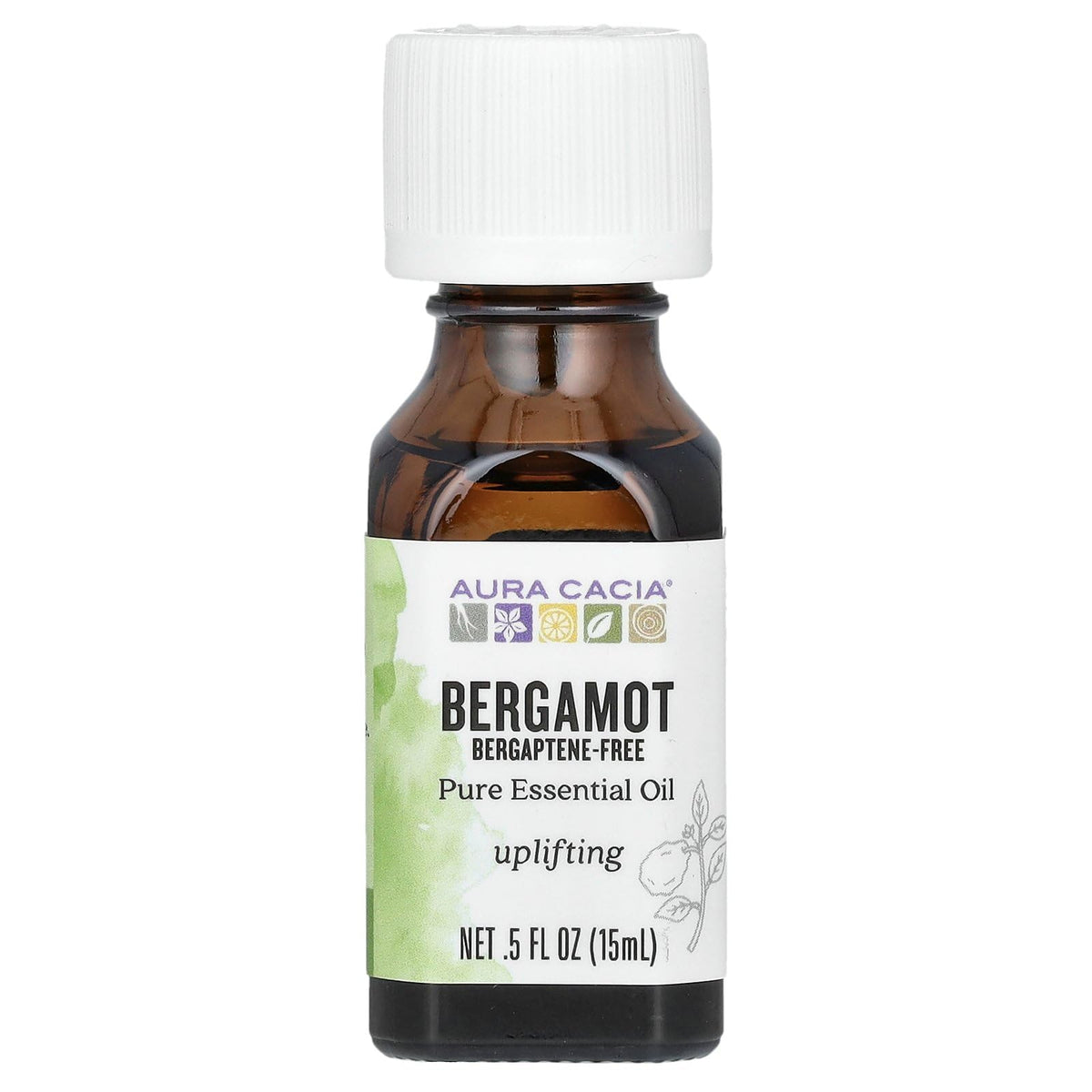Huile essentielle de bergamote Aura Cacia dans une bouteille, ambiance rafraîchissante et revitalisante.