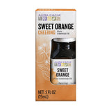 Huile essentielle orange douce Aura Cacia, bouteille lumineuse, ambiance chaleureuse et rafraîchissante.