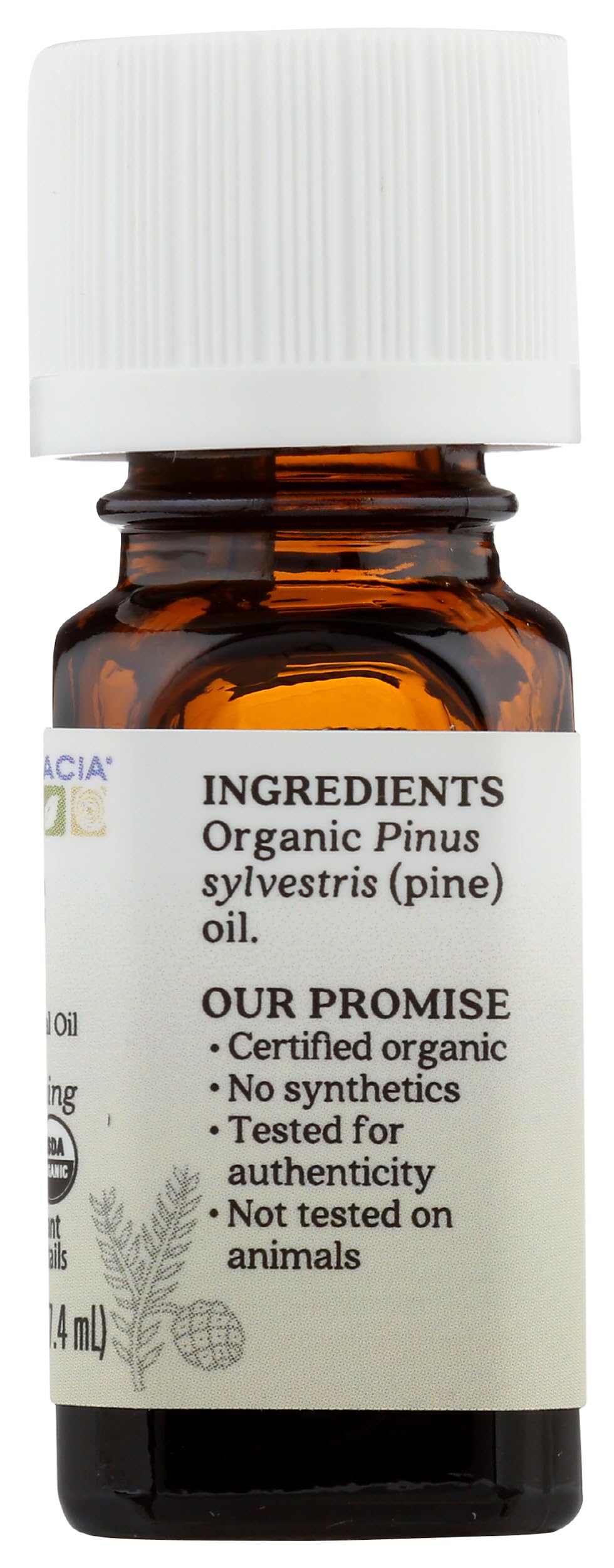 Aura Cacia huile essentielle pin sylvestre, flacon ambré symbolisant pureté et origine biologique.