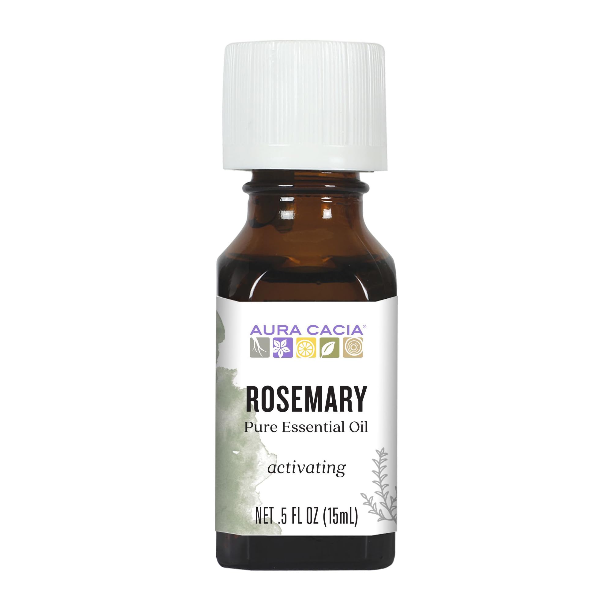 Huile essentielle Aura Cacia romarin en bouteille pour aromathérapie et soins.