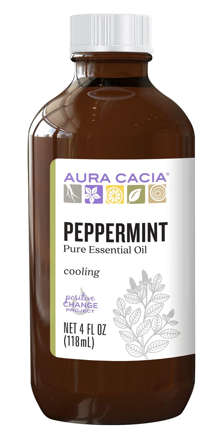 Aura Cacia huile essentielle Menthe poivrée — bouteille claire, arôme frais et rafraîchissant.