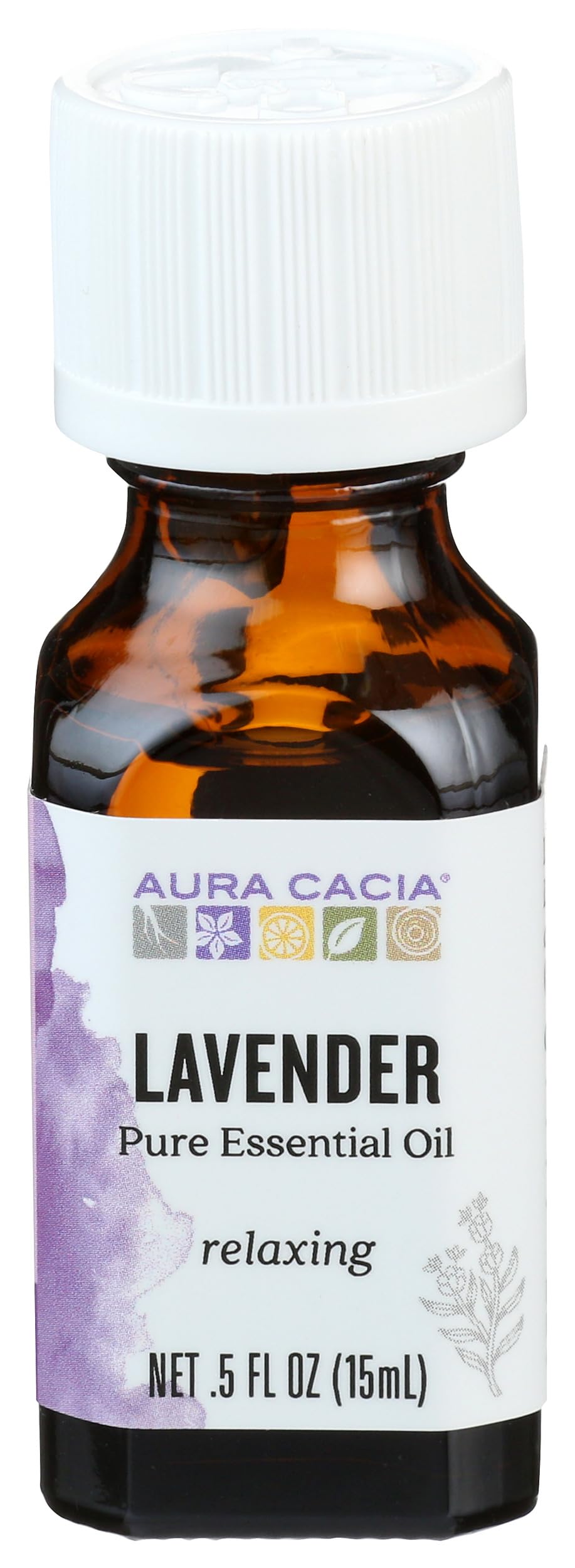 Aura Cacia Lavande 15ml, bouteille ouverte prête à l'aromathérapie relaxante.