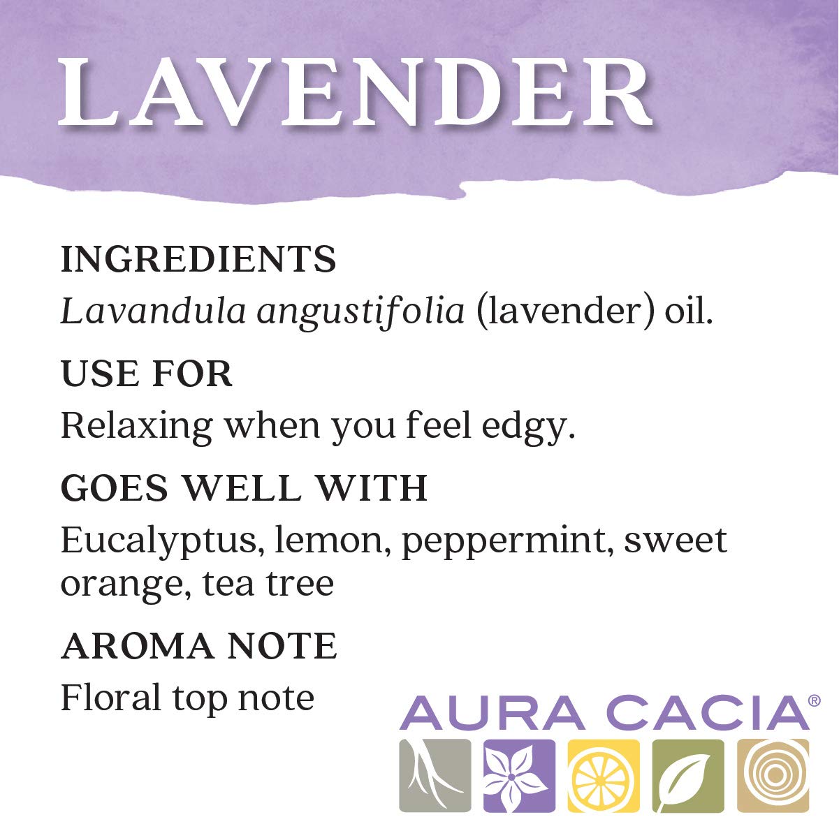 Aura Cacia lavande huile essentielle, utilisation soin peau, apaisement doux.