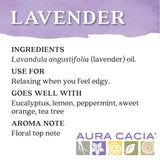 Aura Cacia lavande huile essentielle, utilisation soin peau, apaisement doux.
