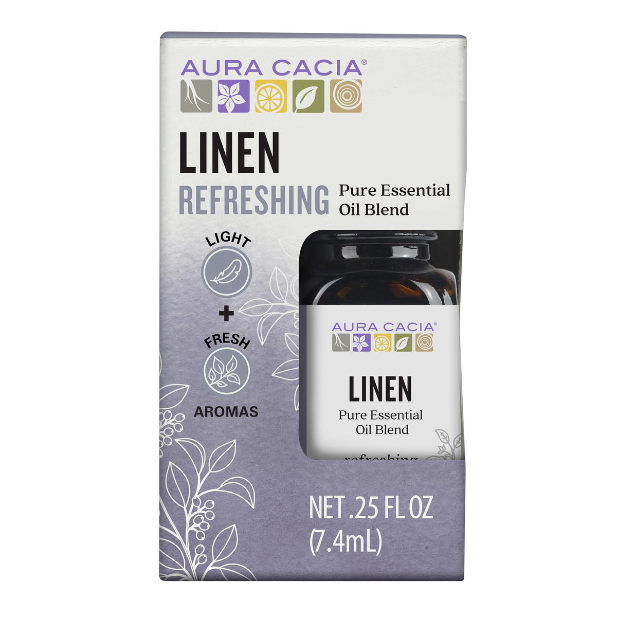 Aura Cacia Linen: bouteille de 7,4 ml, arôme léger pour une ambiance apaisante.