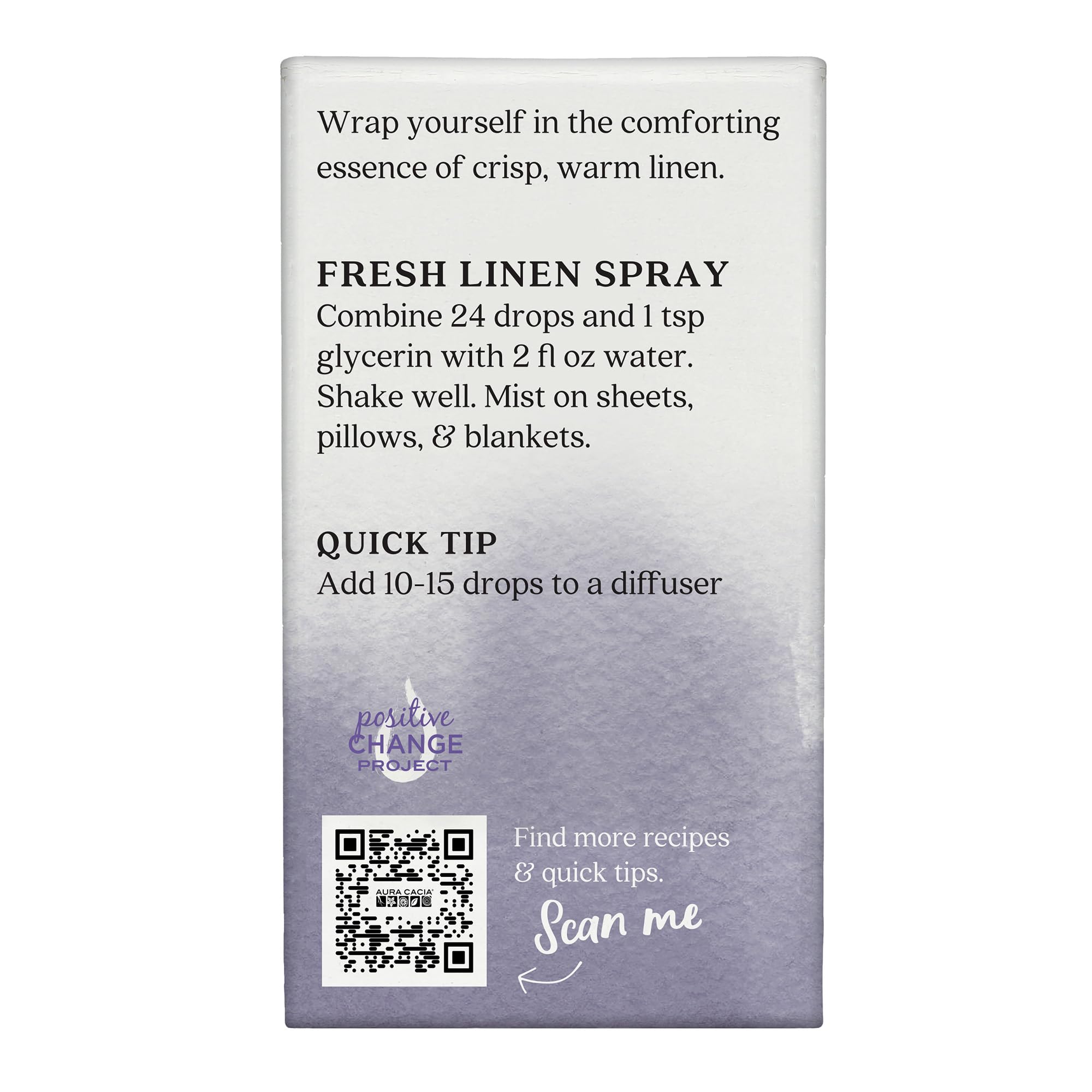 Aura Cacia Linen, emballage respectueux de l’environnement et nature.