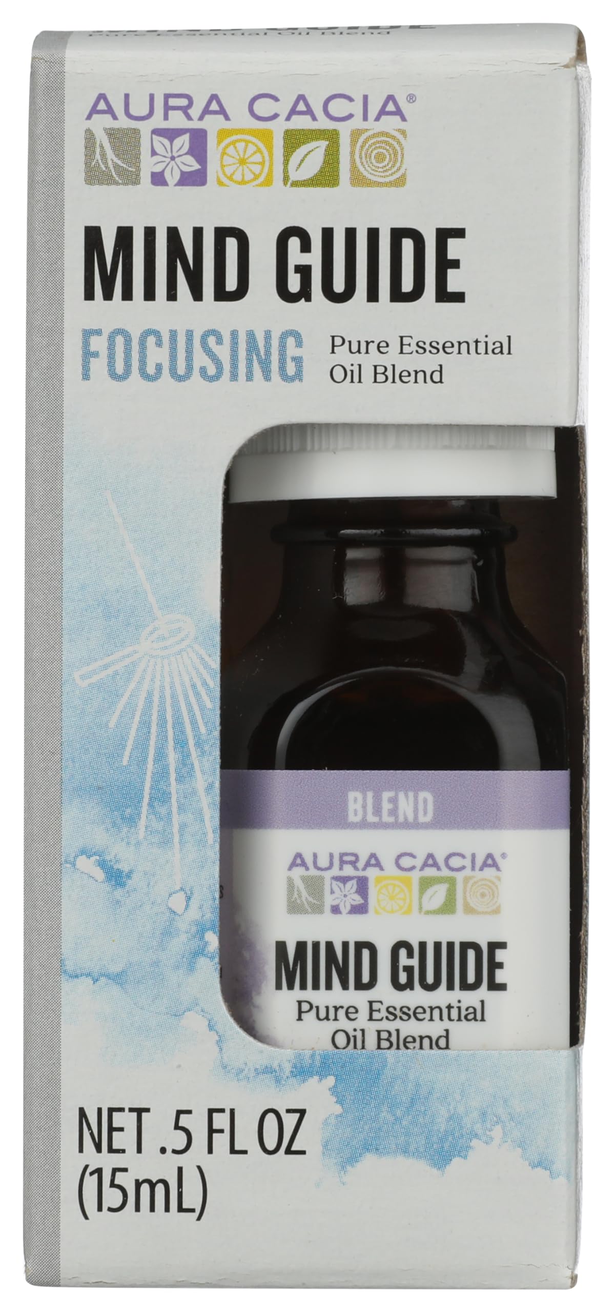 Flacon Mind Guide d'Aura Cacia, prêt à favoriser le focus pendant le travail.