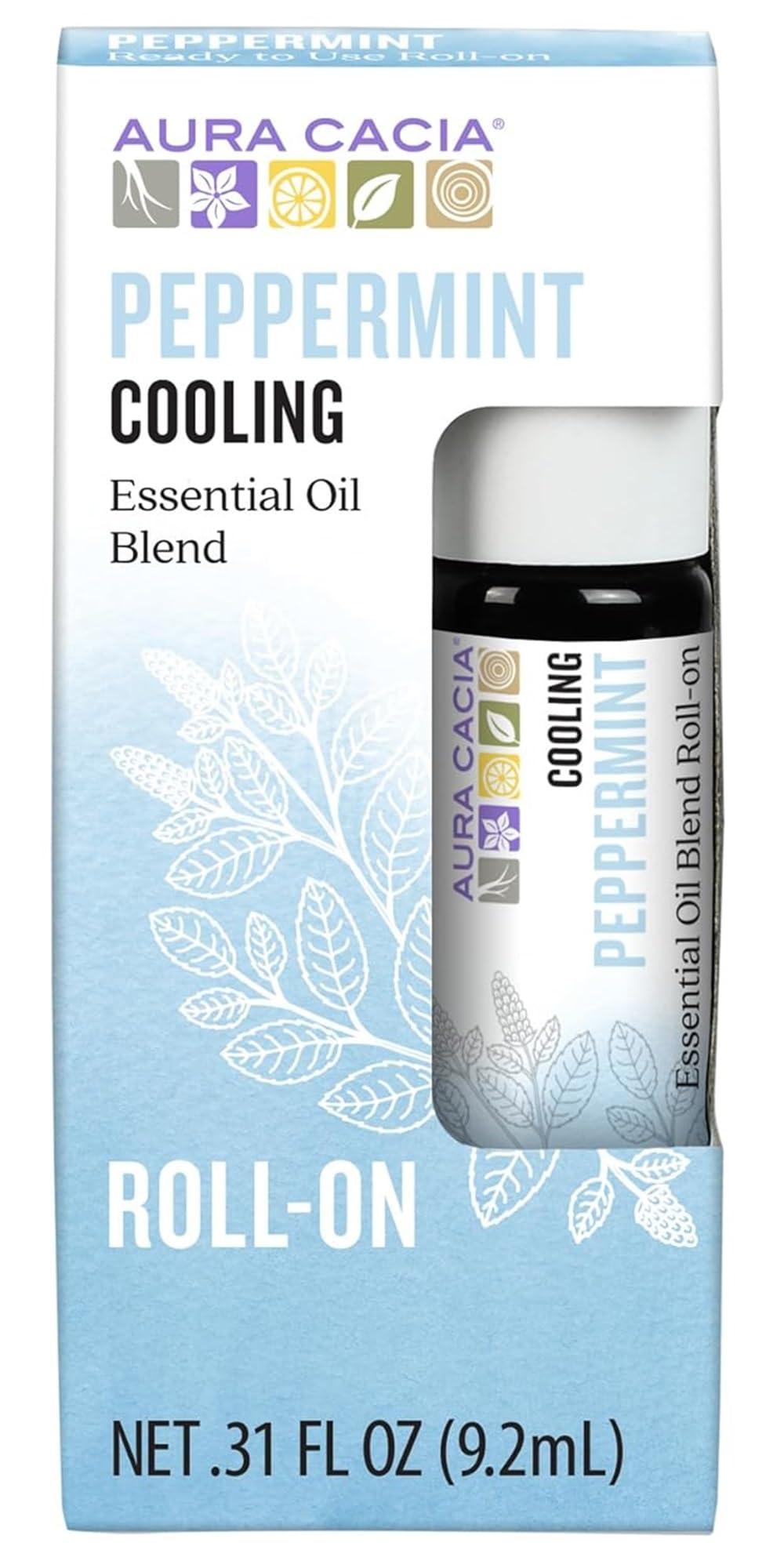 Aura Cacia rouleau menthe: bouteille compacte prête à l'emploi pour une fraîcheur instantanée.