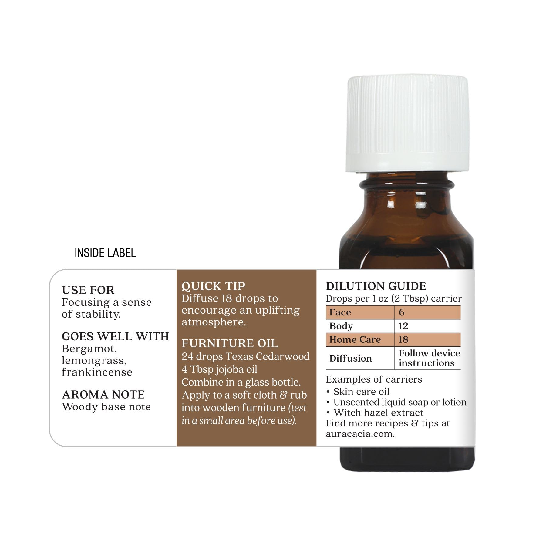 Huile pure issue de sous-produits de coupes, engagement durable Aura Cacia.