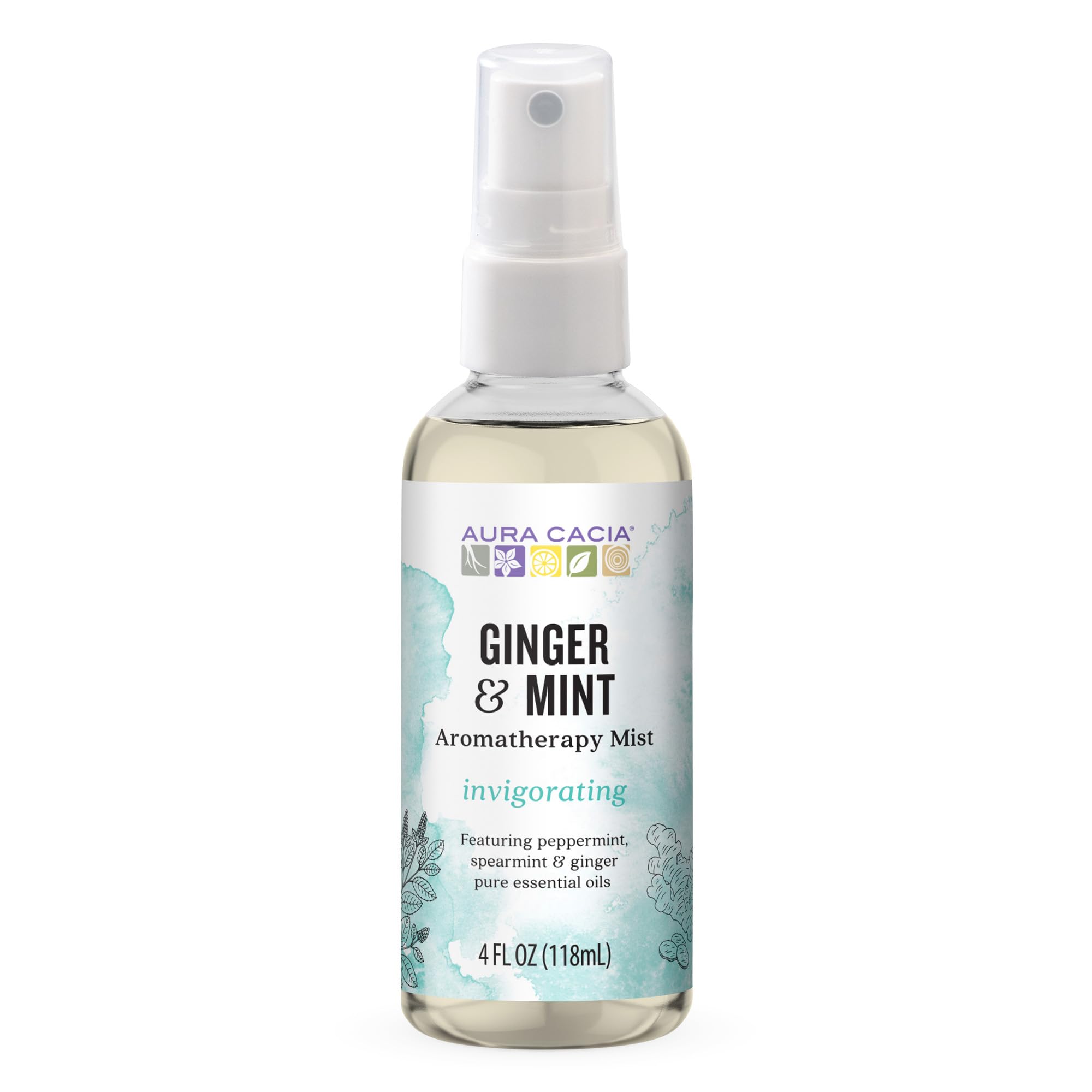 Aura Cacia Brume Gingembre Menthe sur bouteille de 118 ml, revitalise le corps et purifie l'espace