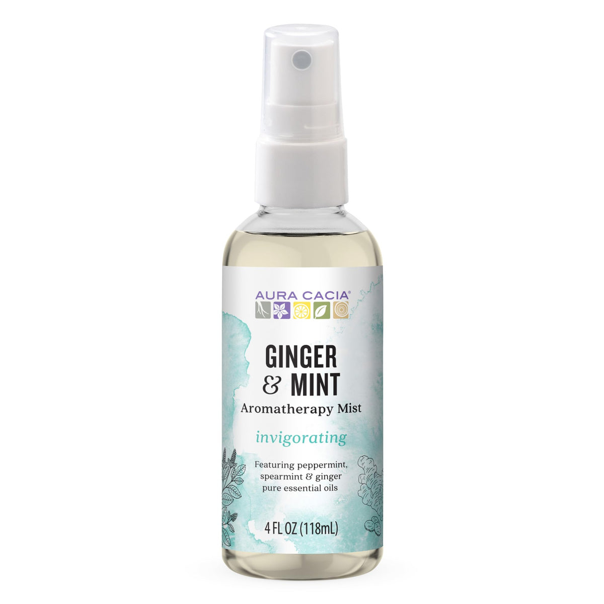 Aura Cacia Brume Gingembre Menthe sur bouteille de 118 ml, revitalise le corps et purifie l'espace