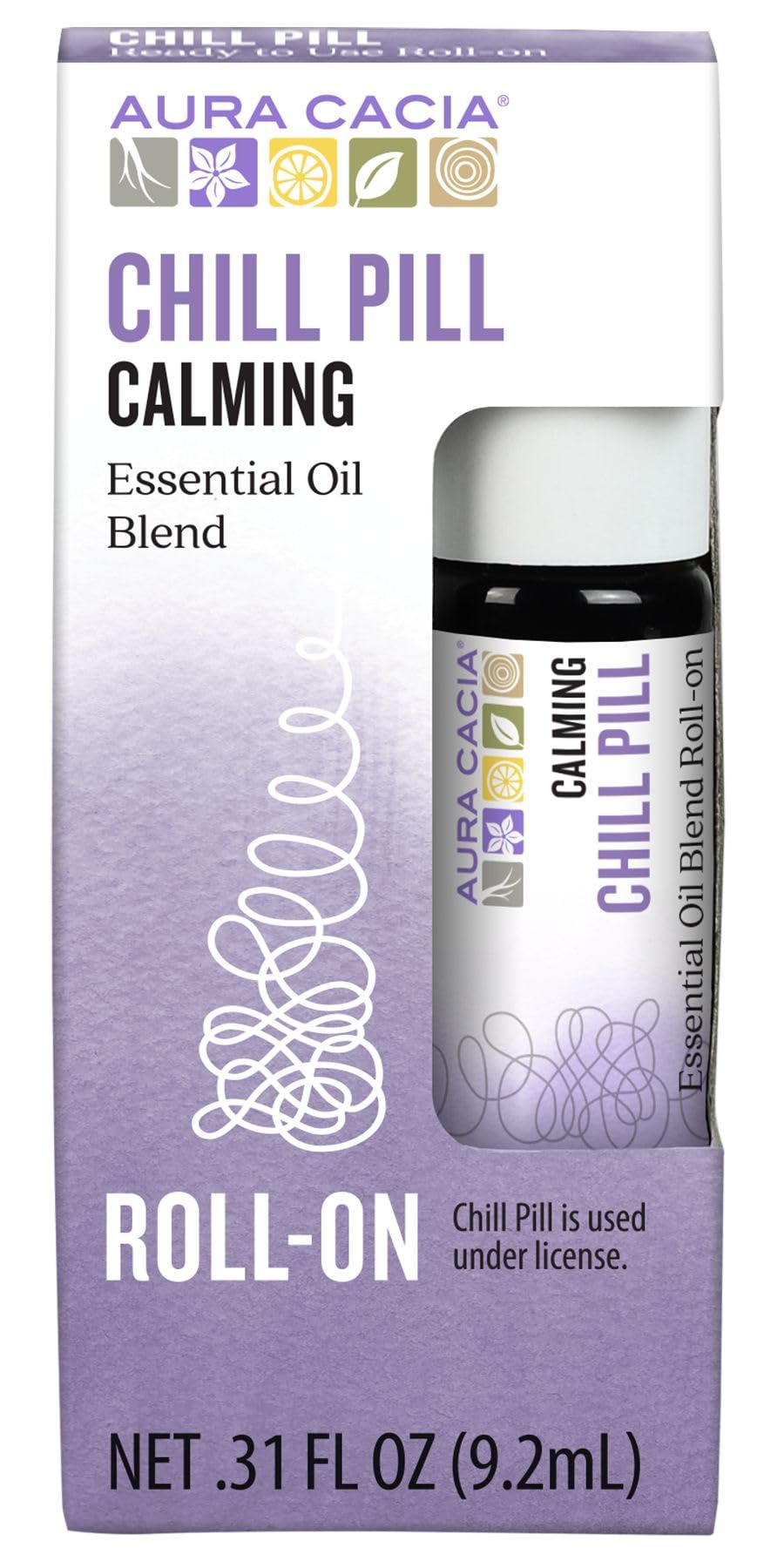 Aura Cacia Chill Pill Roll-On compact pour aromathérapie nomade et pratique.