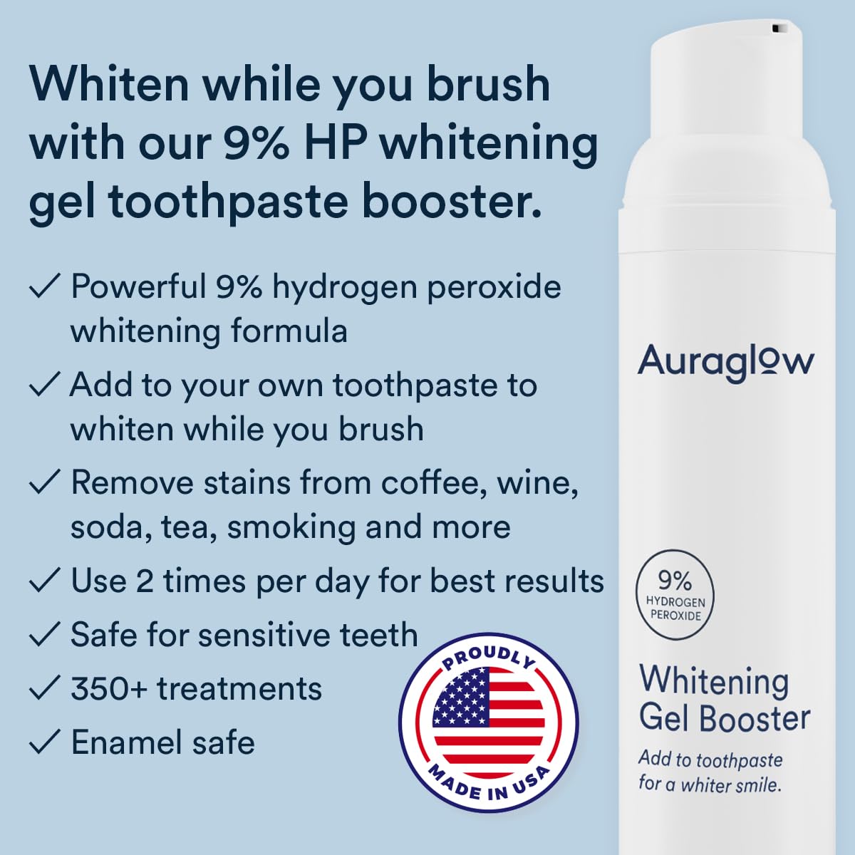 Auraglow application sur brosse dentifrice: intégration facile au brossage.