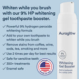 Auraglow application sur brosse dentifrice: intégration facile au brossage.