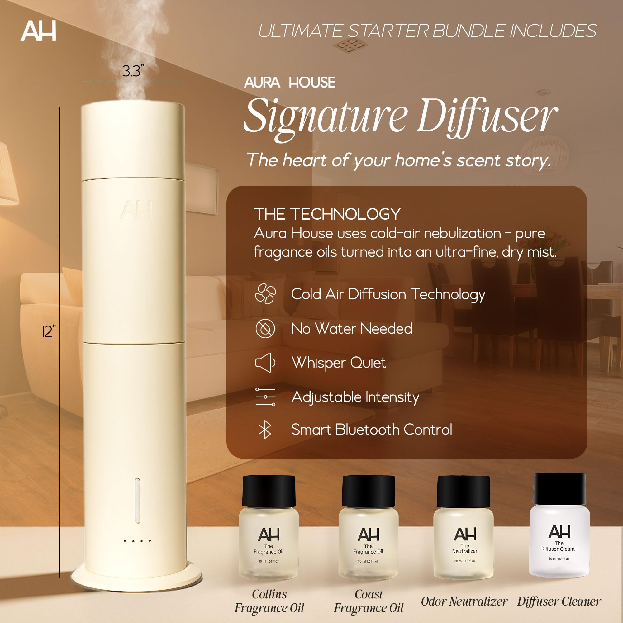 Diffuseur alu brossé Aura House, design premium sur meuble.