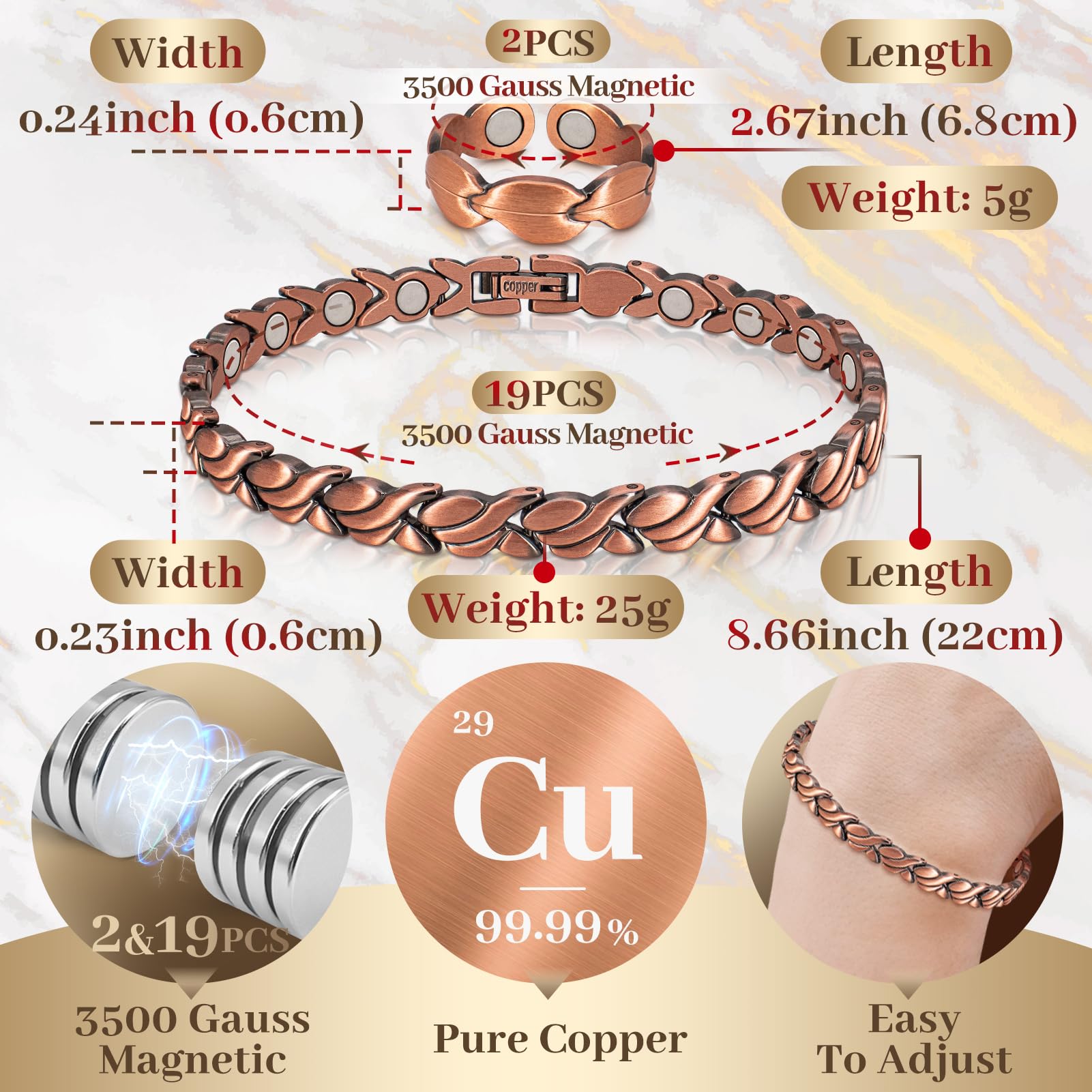 Bracelet Auramag avec aimants puissants, durabilité et hypoallergénique.