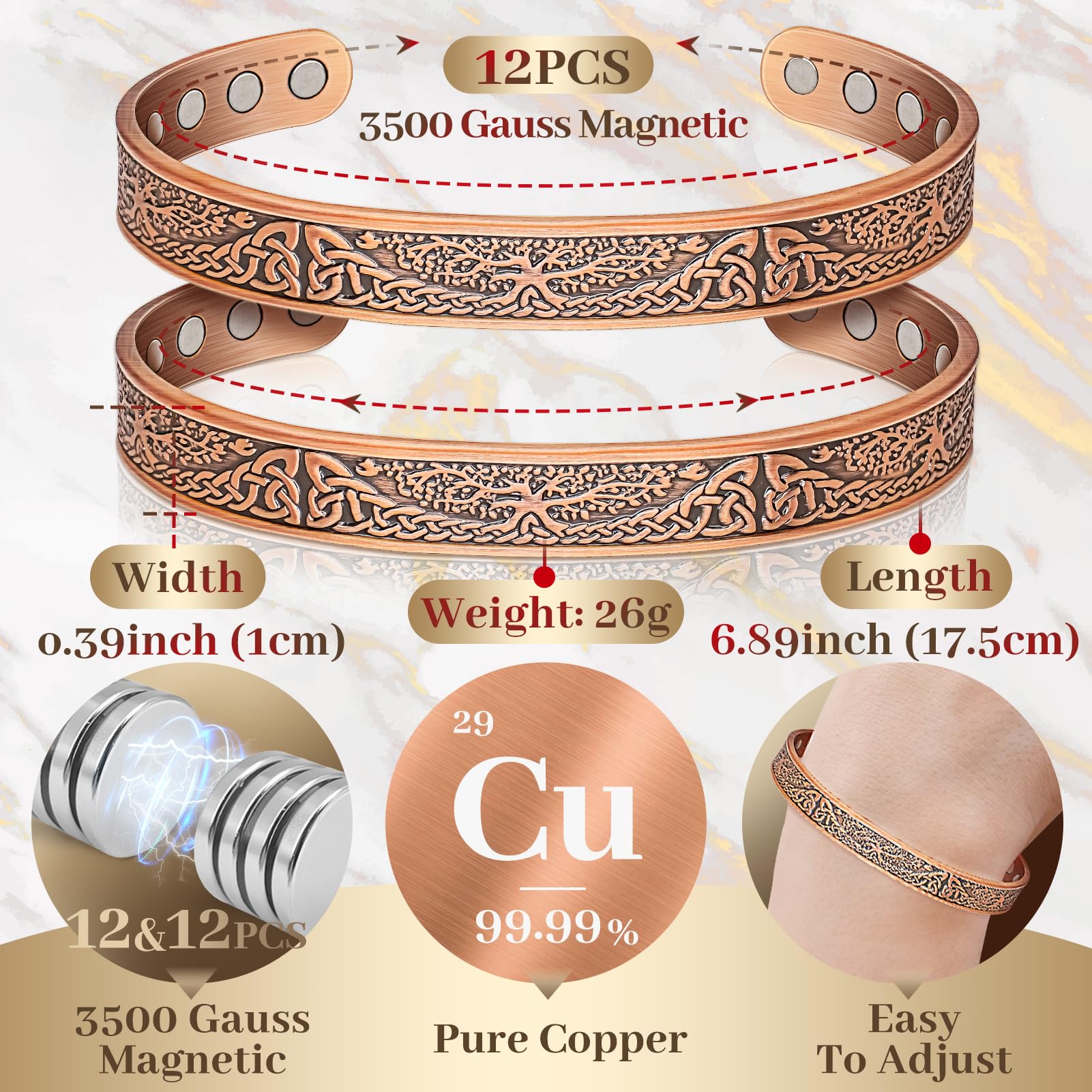 Bracelet magnétique Auramag en cuivre porté sur le poignet pour usage quotidien