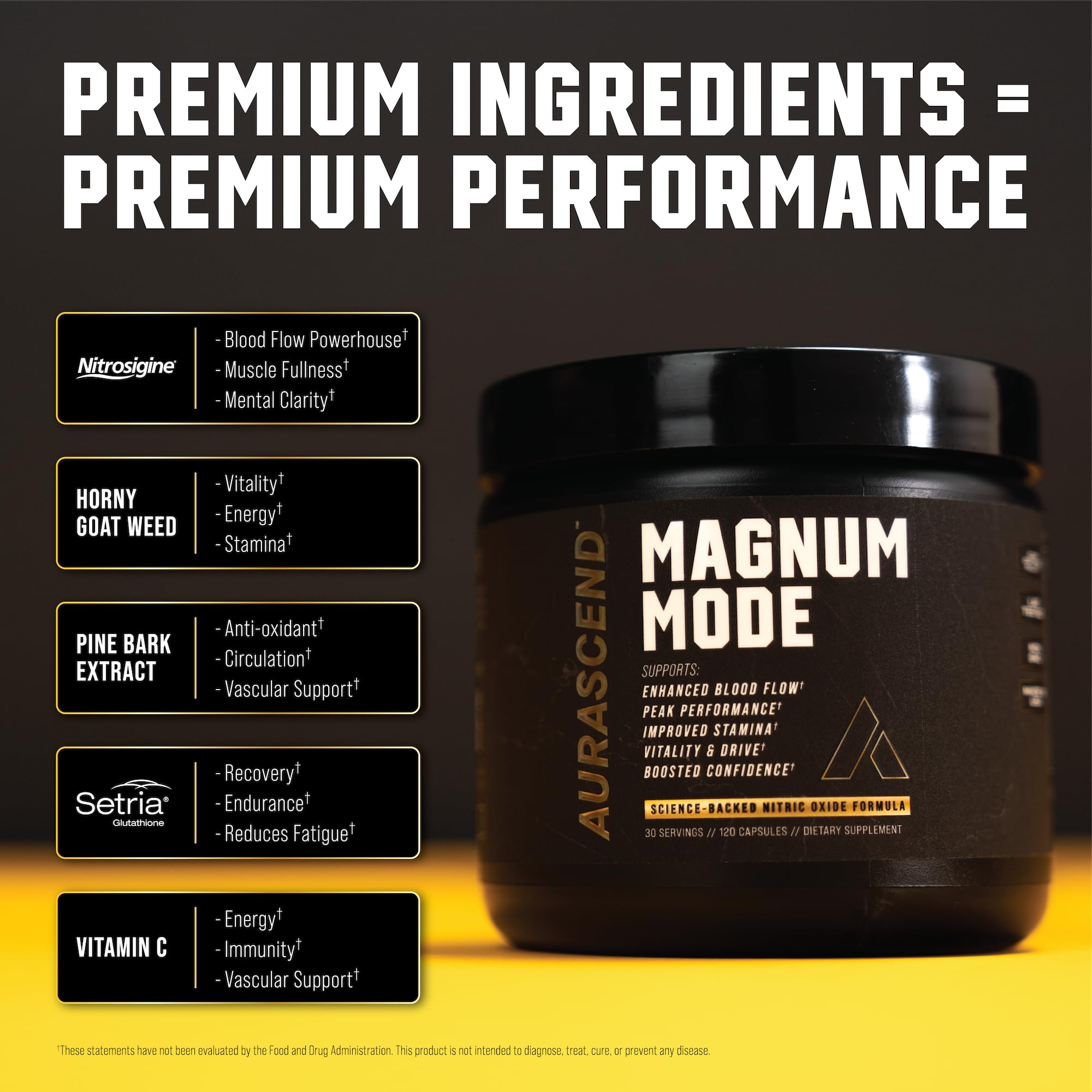 Ingrédients clés d'Aurascend Magnum Mode favorisant une circulation saine et énergie durable.