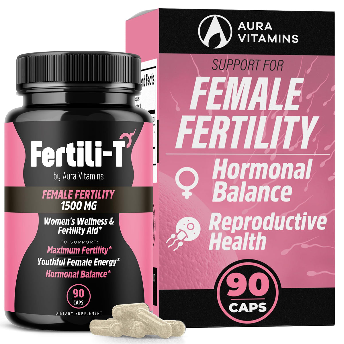 Fertili-T Female d'AURA VITAMINS : bouteille montrant le soutien naturel à la fertilité.