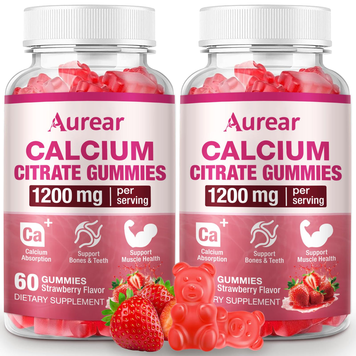 Gommes Aurear Calcium Citrate fraise, boîte fermée, soutien quotidien des os