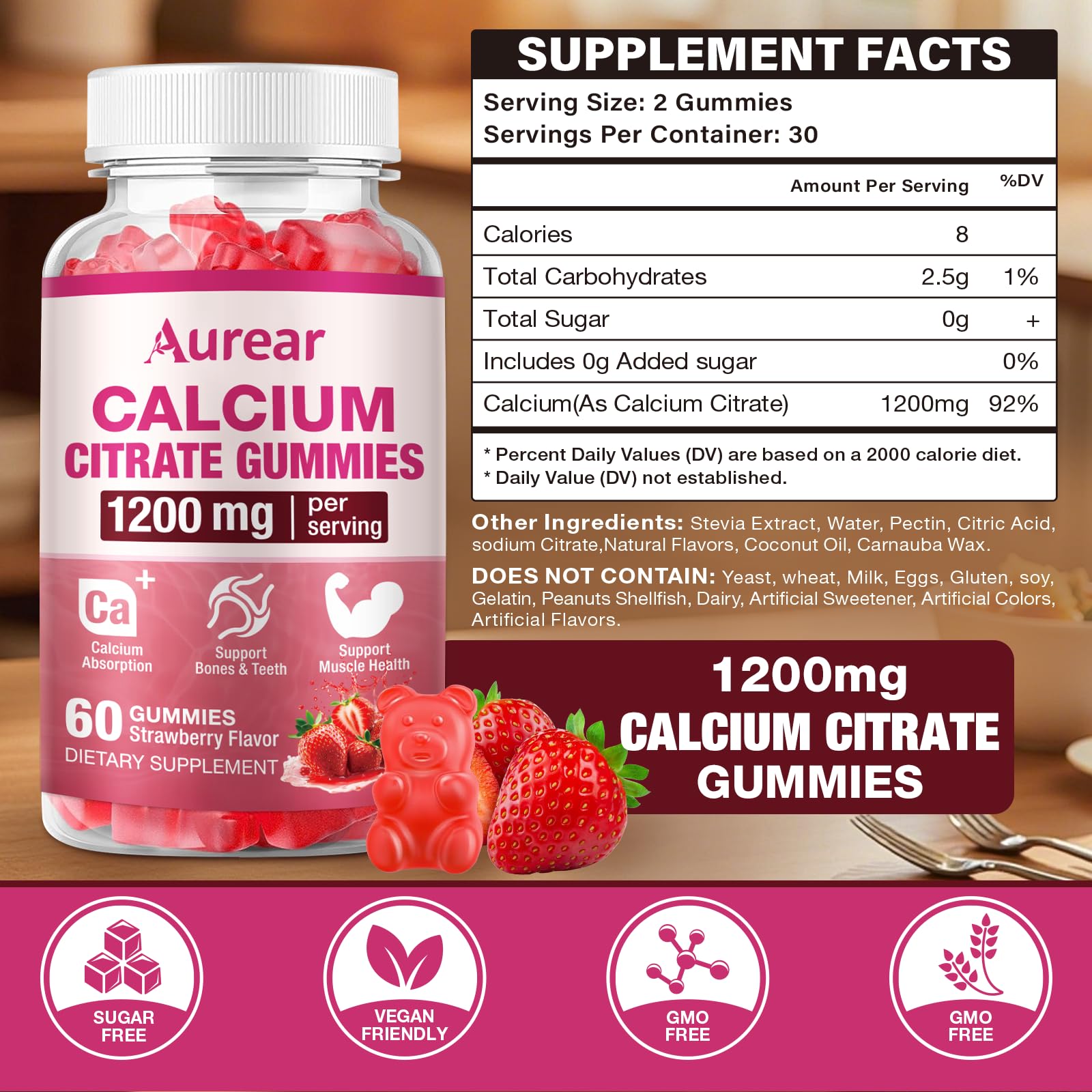 Gommes Aurear Calcium Citrate fraise, boîte ouverte, dose facile à prendre