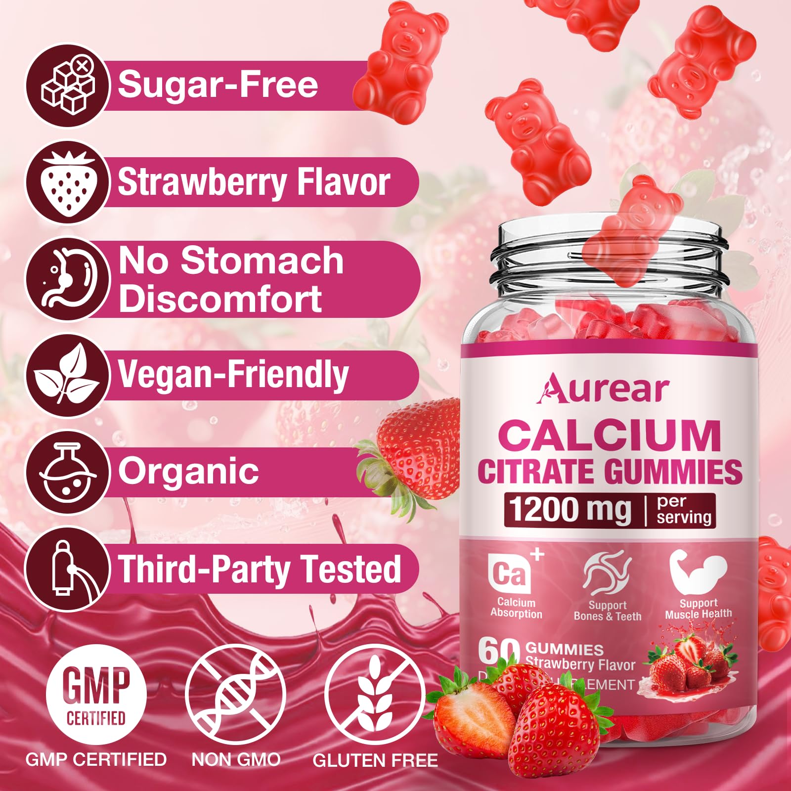 Étiquette Aurear Calcium Citrate, sans OGM et sans allergènes