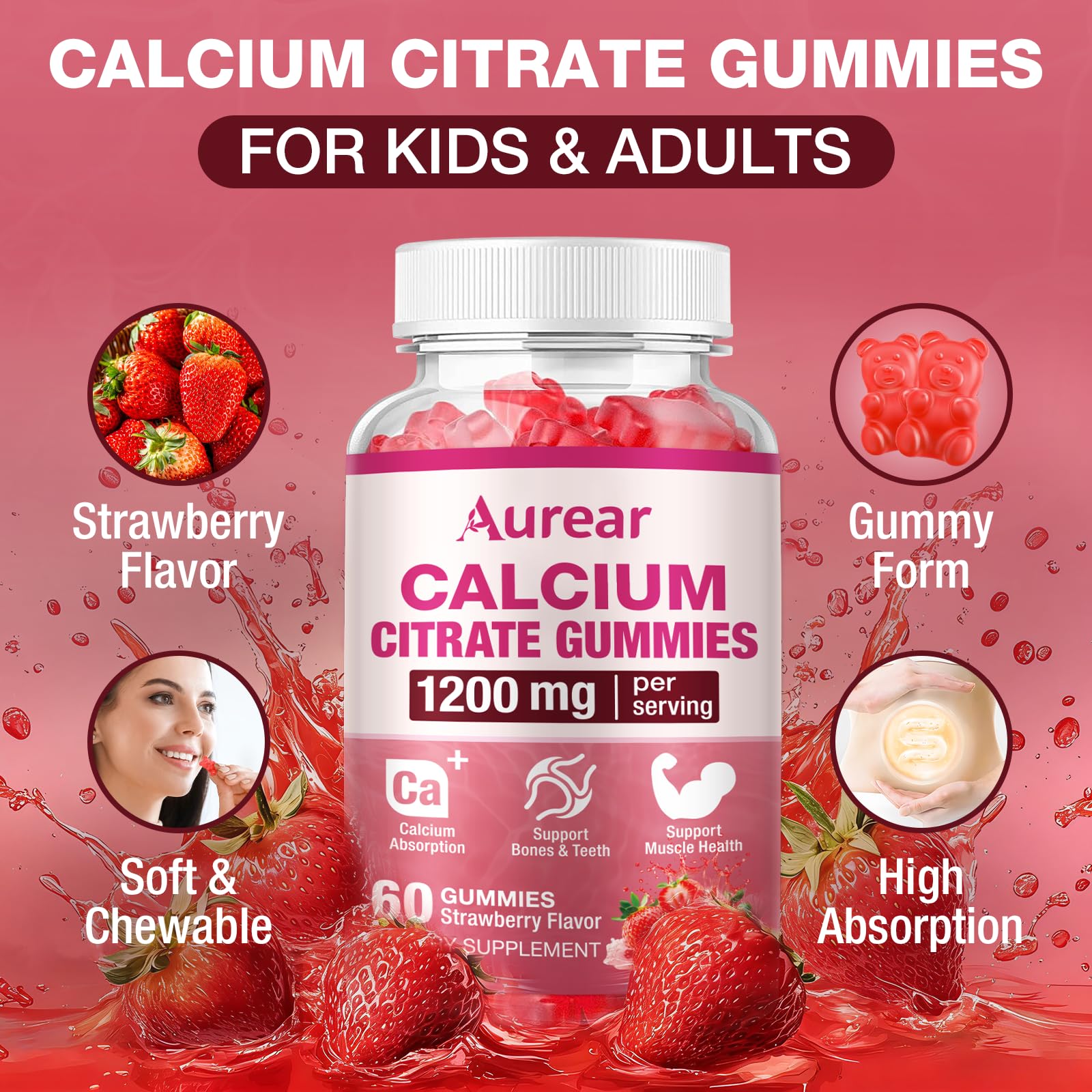 Gomme individuelle Aurear Calcium Citrate fraise, premier plan et texture lisse