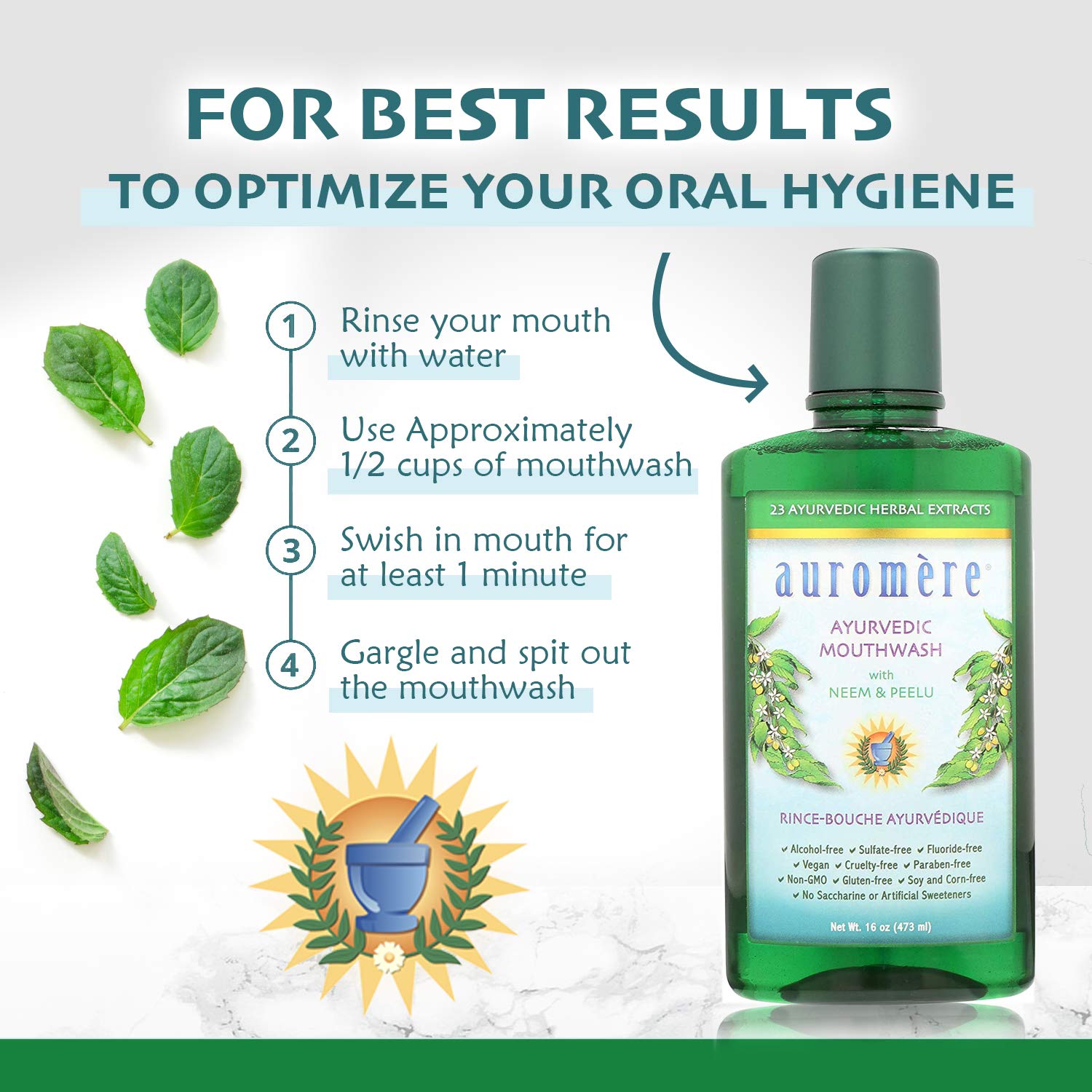 Ingrédients phares Neem et Peelu dans le bain de bouche Auromere.