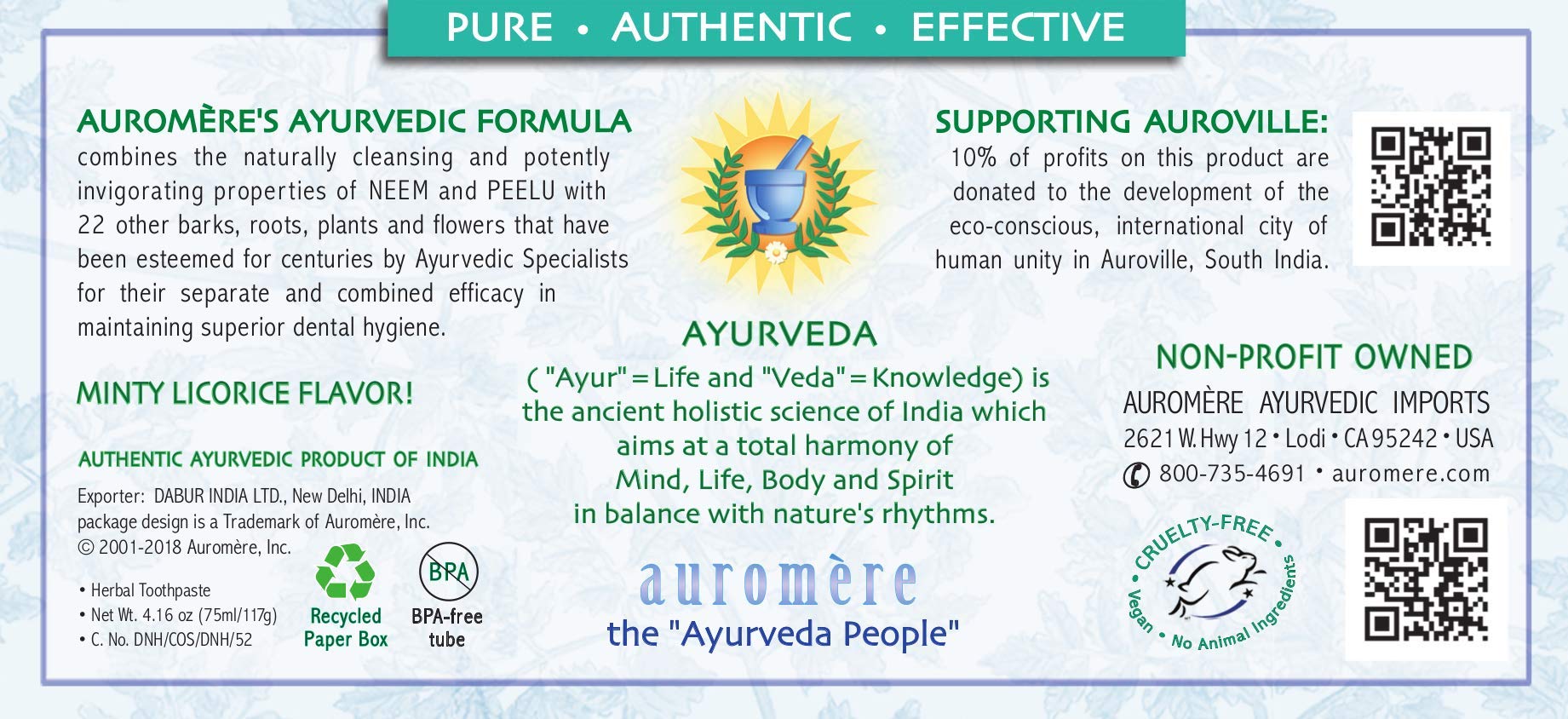 Auromere dentifrice ayurvédique composants neem et peelu, soin naturel des gencives.