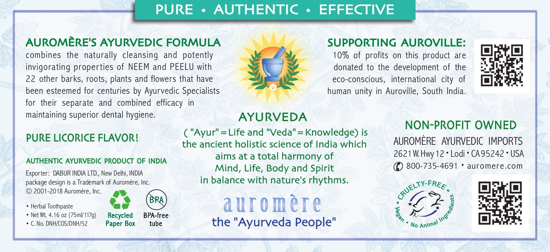 Ingrédients Neem et Peelu mis en avant dans la formule Auromere, hygiène buccale naturelle.
