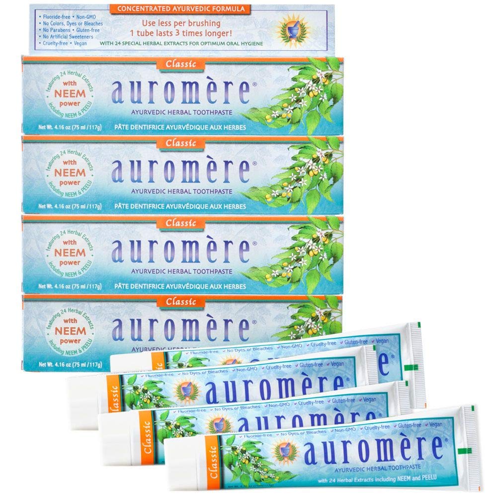 Dentifrice Auromere Ayurvédique au goût réglisse pour une haleine fraîche.