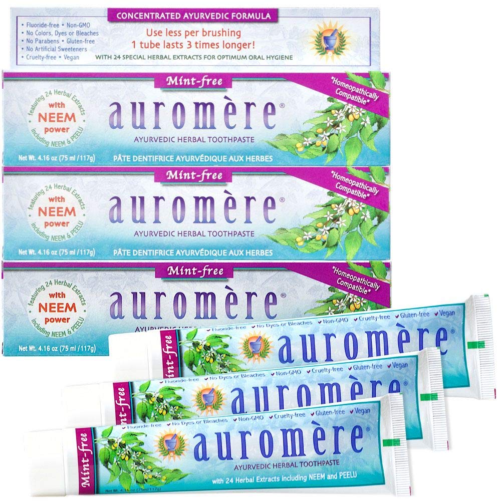 Auromere dentifrice ayurvédique sans menthe, tube montrant Neem et Peelu pour une hygiène naturelle