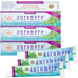 Auromere dentifrice ayurvédique sans menthe, tube montrant Neem et Peelu pour une hygiène naturelle