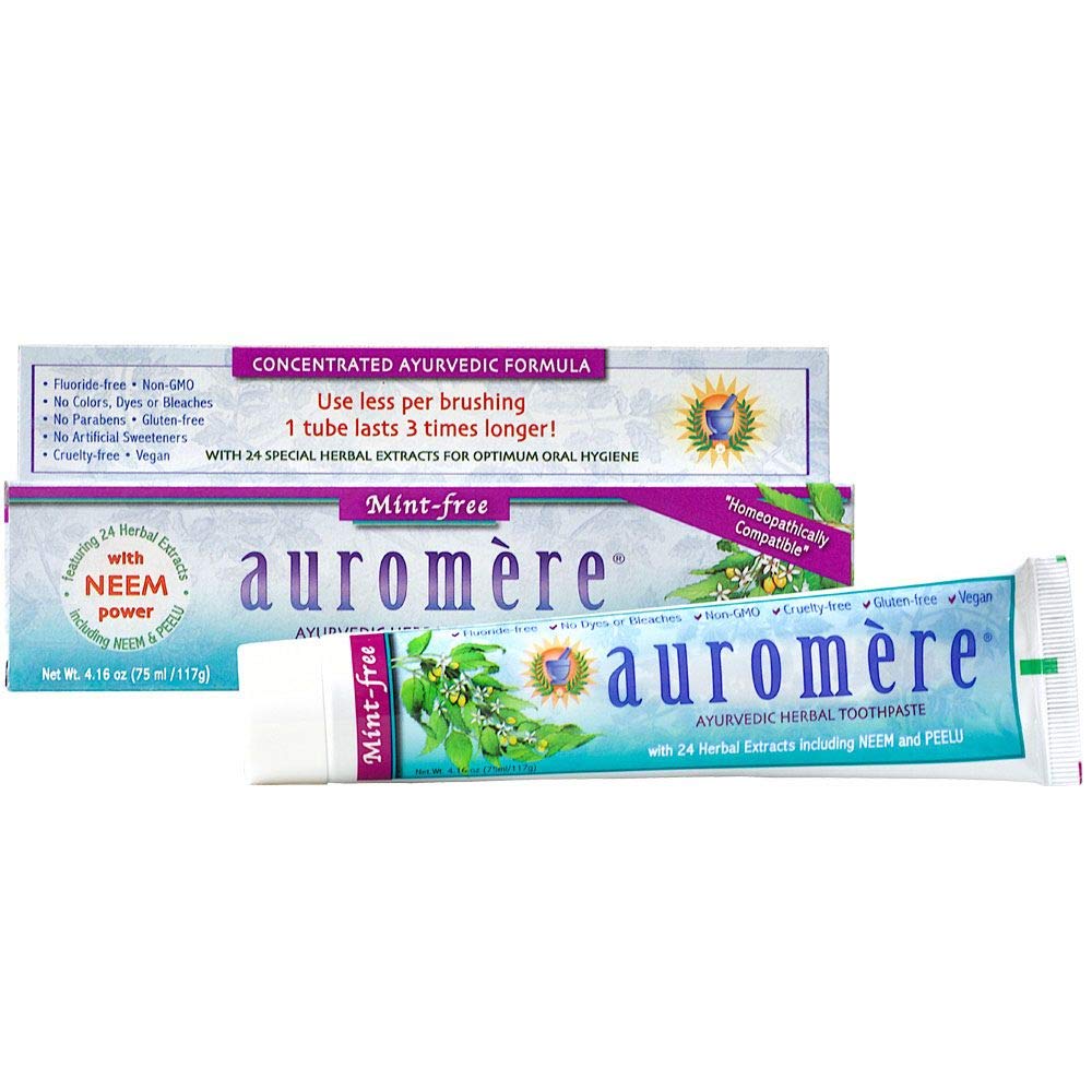 Auromere dentifrice à base de plantes sans menthe, tube de soin buccal naturel pour toute la famille.