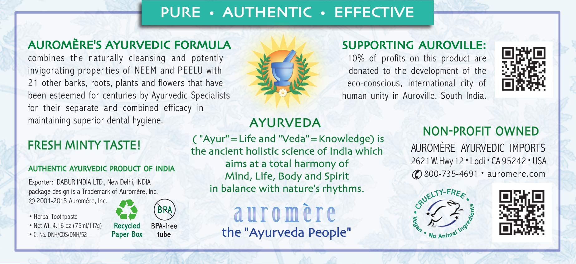 Dentifrice Auromere avec Neem et Peelu pour une hygiène naturelle et équilibrée.