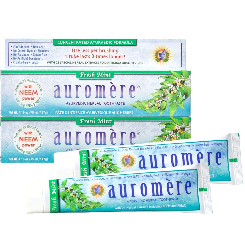 Dentifrice Auromere menthe fraîche en emballage 2 tubes, fraîcheur durable.