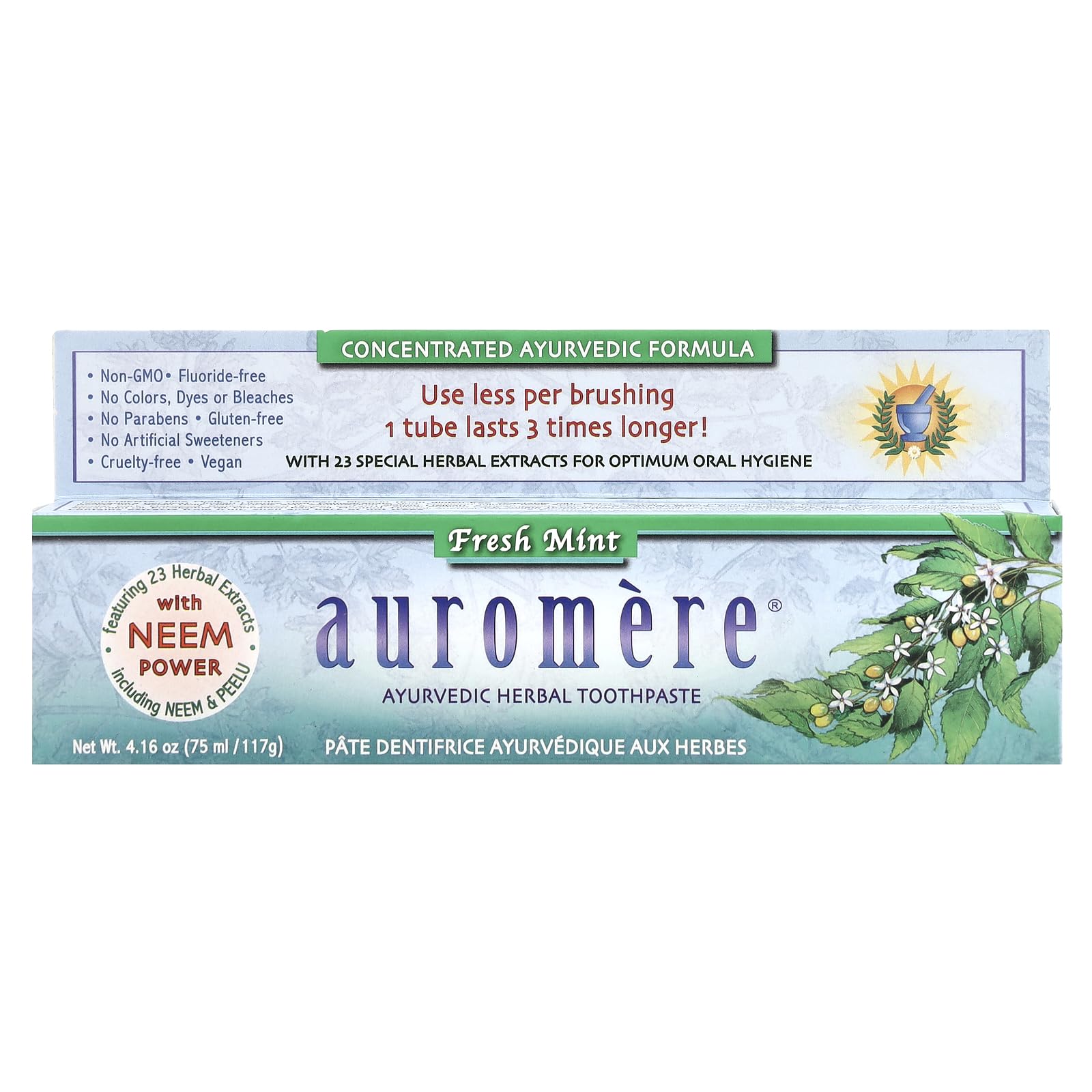 Dentifrice Auromere menthe-fraiche, vue d'ensemble de l'emballage, dents propres et souffle frais