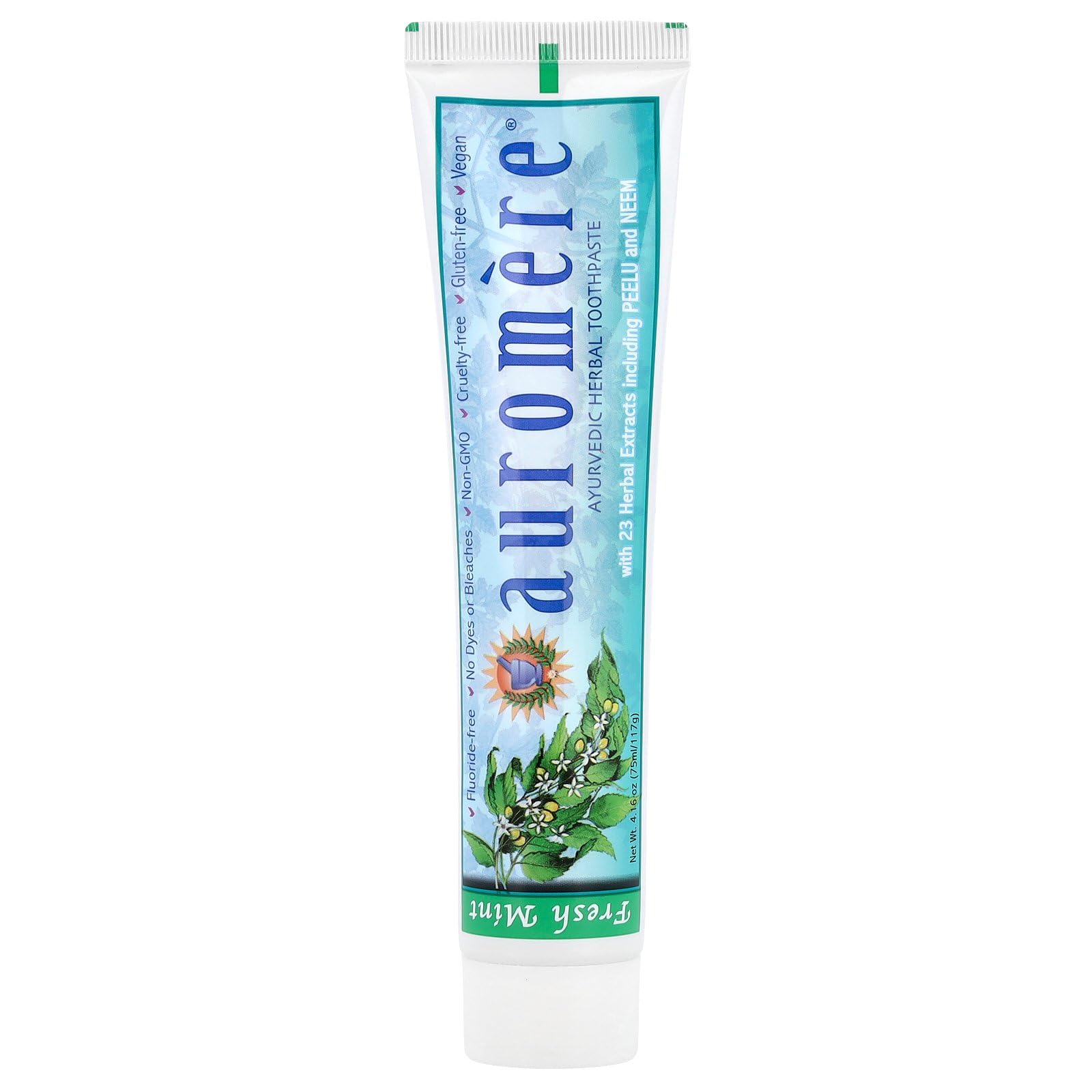 Dentifrice Auromere menthe-fraiche, tube visible, rafraîchit l'haleine et apaise les dents sensibles