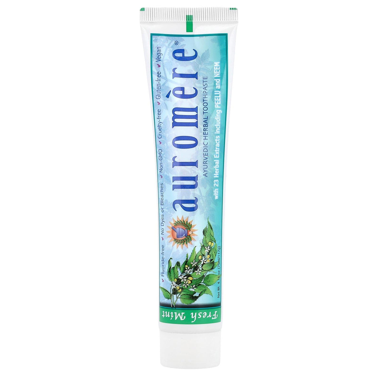 Dentifrice Auromere menthe-fraiche, tube visible, rafraîchit l'haleine et apaise les dents sensibles