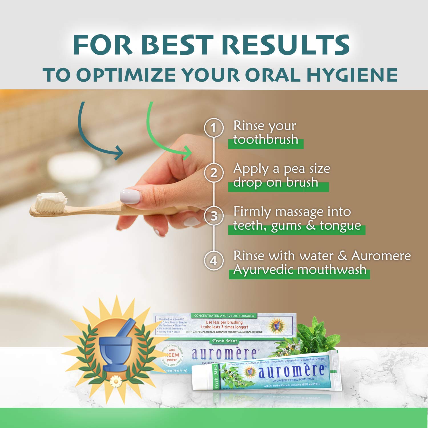 Utilisation quotidienne Auromere pour rafraîchir bouche et routine naturelle.