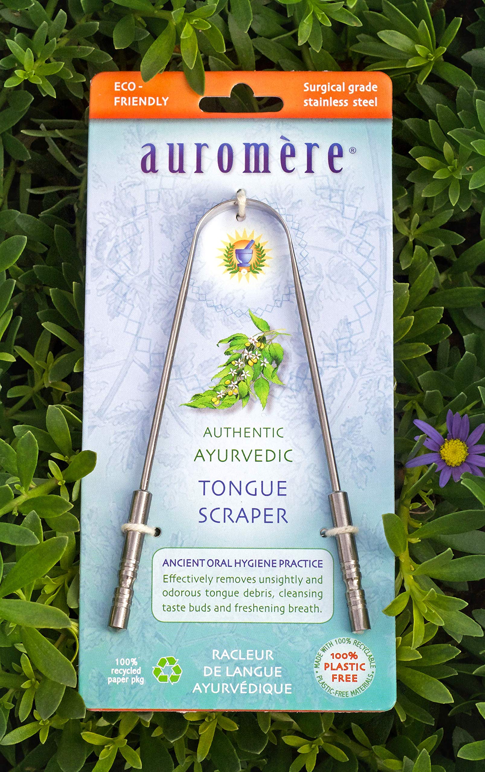 Auromere nettoyeur langue en inox, usage quotidien facile et efficace.
