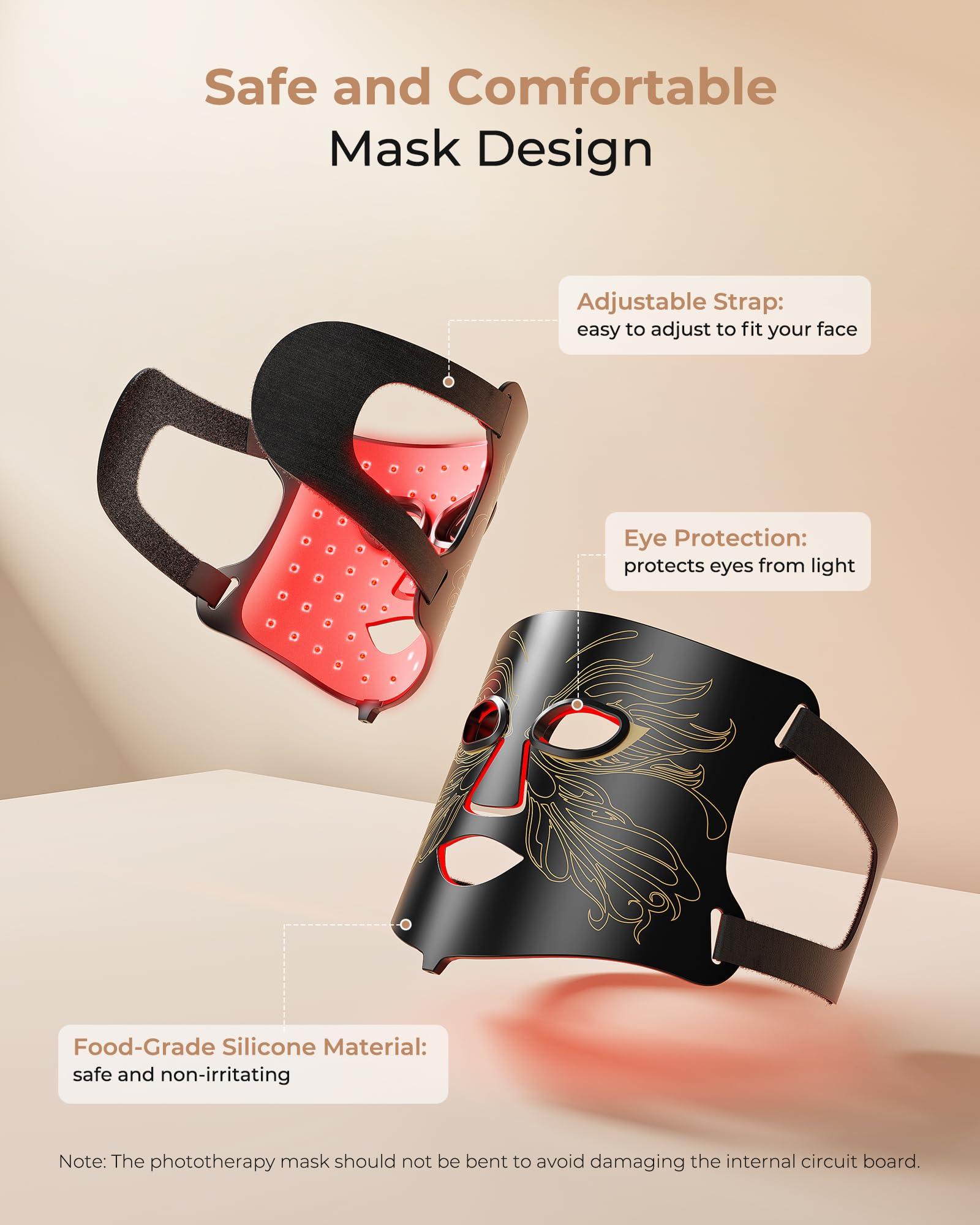 Aurphany kit phototherapie comprend masque, télécommande, câble USB, manuel et sangles inclus.