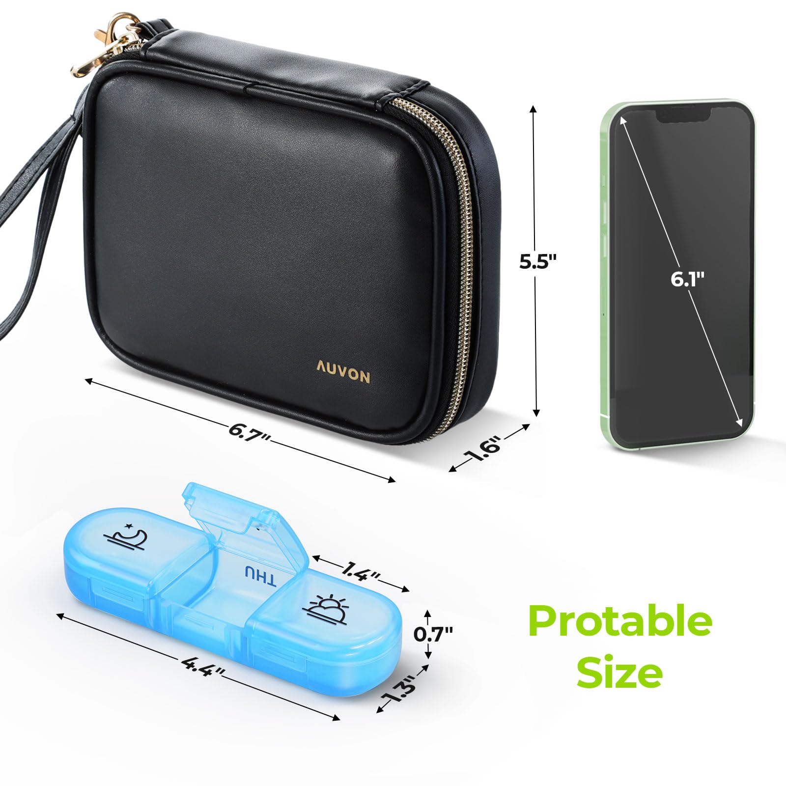 Porte-pilules compact AUVON, dimensions étudiées pour le sac.