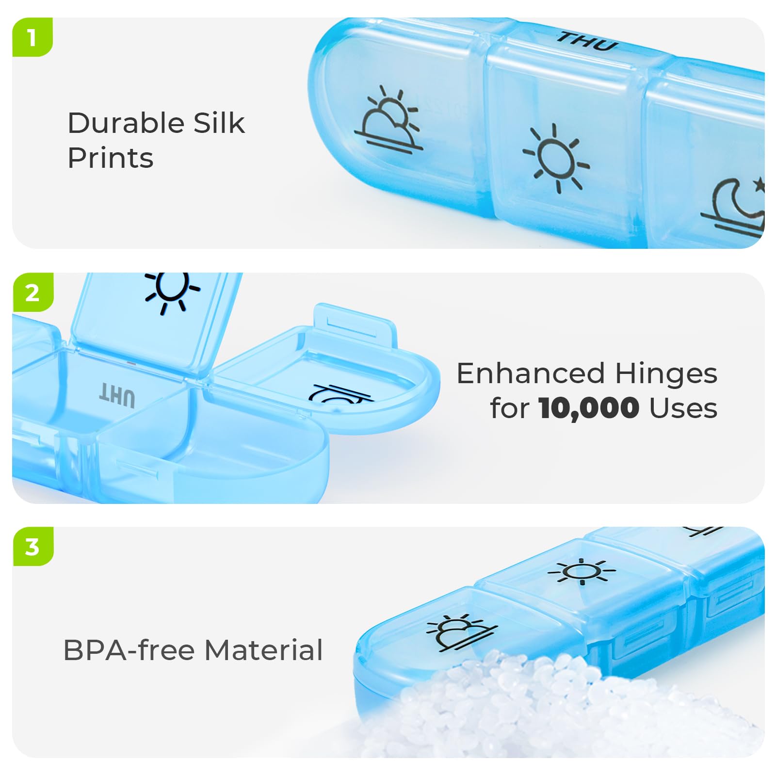 Etui pilulier sans BPA AUVON, structure robuste et durable.